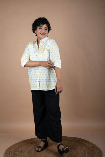 Block Printed Tortoise Shirt-Style Top